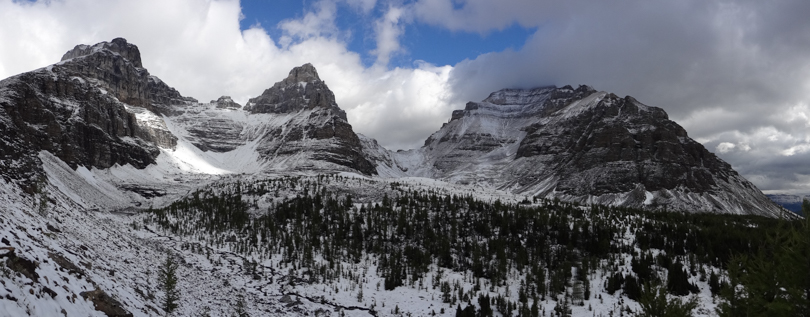 Mount Eiffel, Mount Pinnacle, and cloud covered Mount Temple