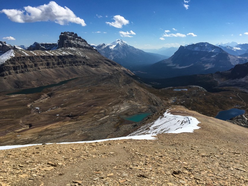 Looking back at Dolomite Peak, Katherine Lake and Helen Lake. Other hikers are approaching from along the ridge.