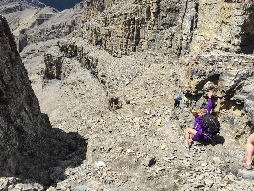 Heading down a rather sketchy gully. We headed too far along the ridge before descending. Oops.