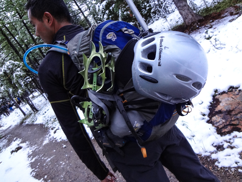 Ready for Temple with a helmet, ice axe and crampons