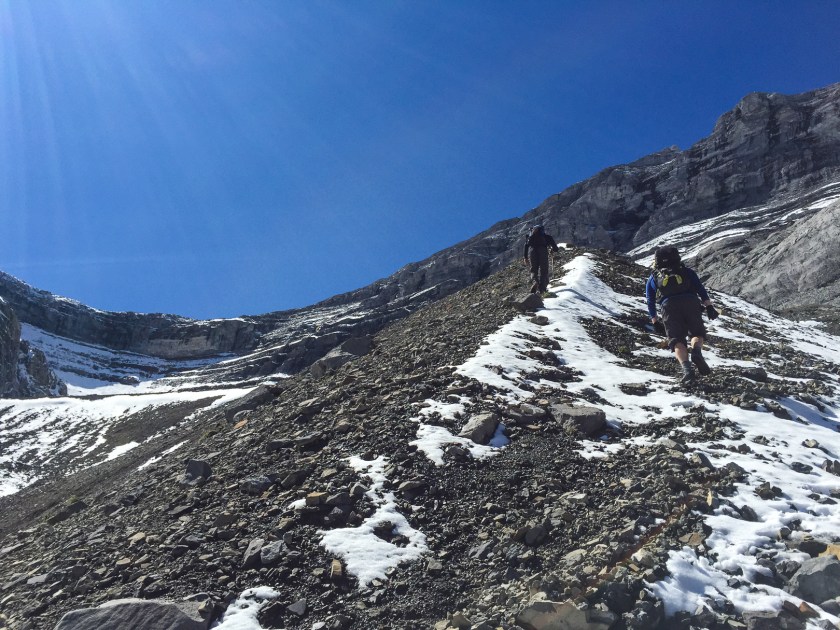 Heading up the scree after leaving the creek bed behind