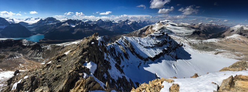 Looking north from the summit. Bow Lake and the Wapta Icefields are to the left.