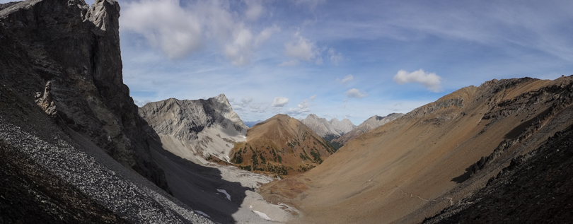 View from Grizzly col. Mount Tyrwhitt on the left; Pocaterra Ridge in the centre