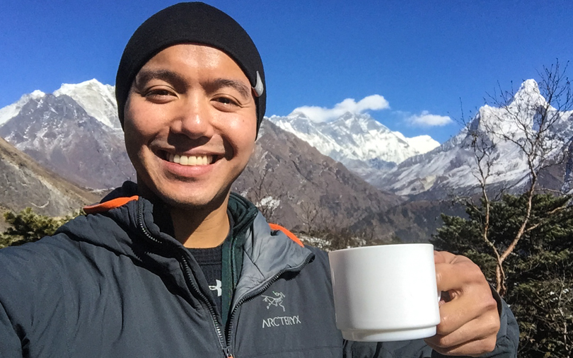 How civilized. Lemon ginger tea with Mount Everest behind me.