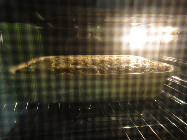 Baking the macaroni pie