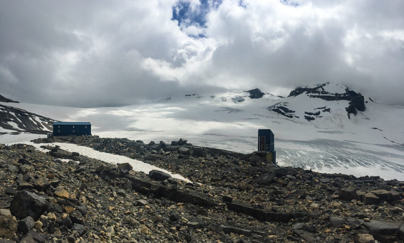 Peyto Hut (2500 metres), with the Wapta Icefield and Mount Habel