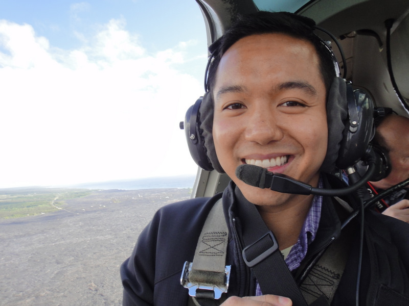 Taking a helicopter tour over the volcano on the Big Island, Hawaii