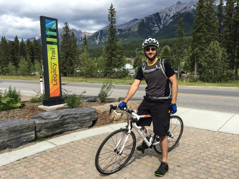 At the start of the trail across the street from the Travel Alberta Information Centre in Canmore
