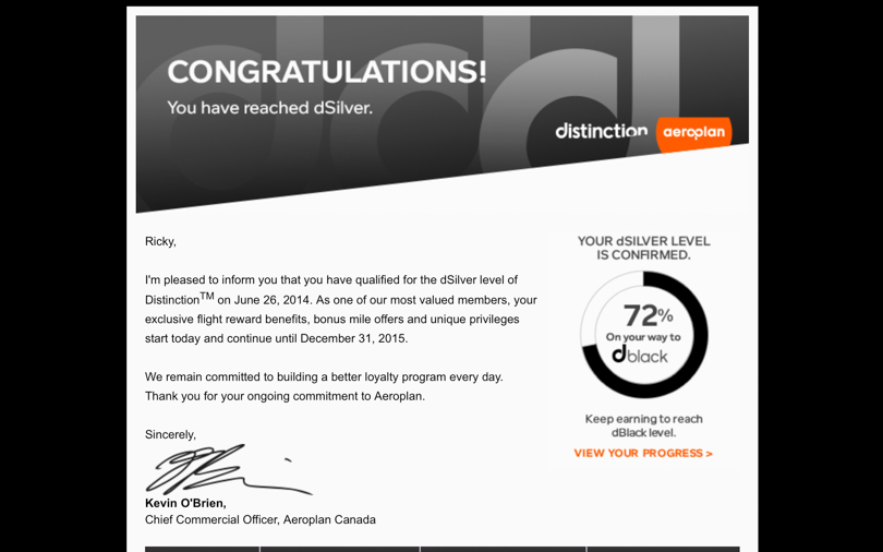 I’ve reached Aeroplan’s dSilver Distinction!