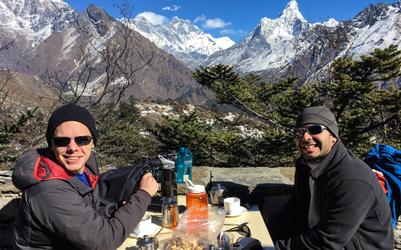 Dan and Sanjay enjoying drinks at Hotel Everest View